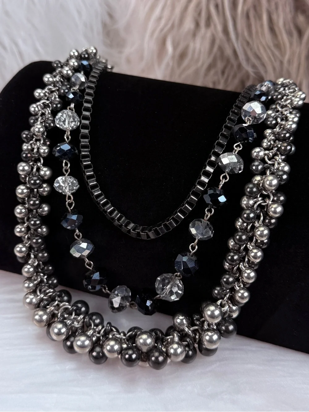 Beautiful, 3 strand, multi chain, black gunmetal beaded costume draping necklace